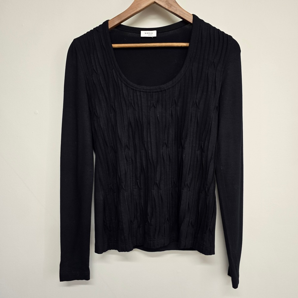 Akris Punto Top Womens 8 Black Textured Pintuck Pleat Long Sleeve Minimalist